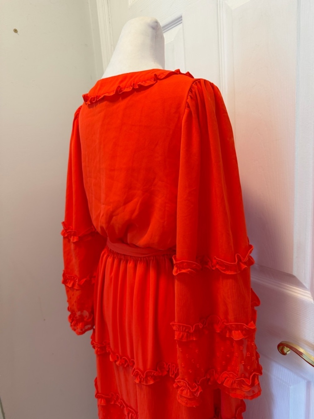 ALEXIS for Target Red Clip Dot Ruffle Tiered Midi Dress Angel Sleeve Wrap Size M - Picture 13 of 15